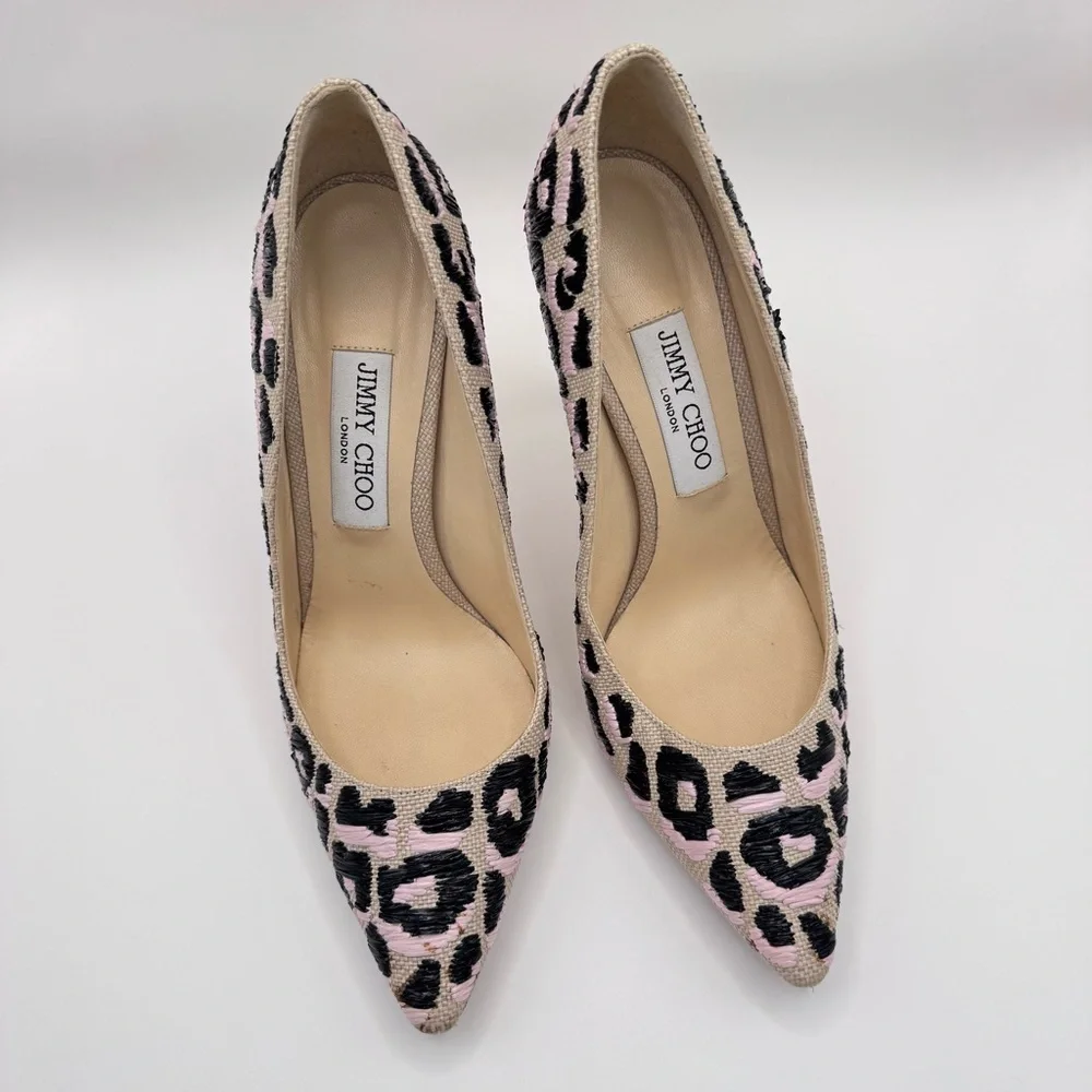 Jimmy Choo Woven Raffia Leopard Pink Black Natural Motif Romy Pumps Heels